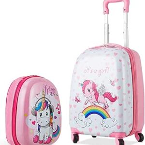 بيبي جوي مجموعة شنط سفر للاطفال من قطعتين مقاس 16 انش وشنطة ظهر مقاس 12 انش، شنطة سفر للاطفال مع 4 عجلات، مقبض قابل للسحب، شنطة بعجلات خفيفة الوزن للبنات