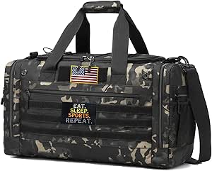 شنطة احذية رياضية تكتيكية للسفر من اكسينتري، شنط دفل رياضية مبطنة مع فواصل قابلة للتعديل وجيب معزول، منظم خارجي متعدد الوظائف (اسود مموه)، نايلون