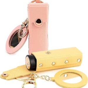 منظم احمر الشفاه بسلسلة مفاتيح حافظة شفاه جلدية مع مراة للنساء شنطة محمولة لملمع ومرطب للسفر زهري واصفر عبوة من قطعتين جلد صناعي