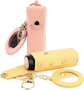 منظم احمر الشفاه بسلسلة مفاتيح حافظة شفاه جلدية مع مراة للنساء شنطة محمولة لملمع ومرطب للسفر زهري واصفر عبوة من قطعتين جلد صناعي