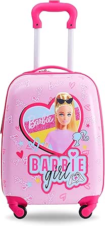شنطة سفر للاطفال مرخصة من باربي مقاس 18 انش مع ملصقات قابلة لاعادة الاستخدام، 4 عجلات، عربة خفيفة الوزن، هيكل صلب مادة ABS المتينة، سحاب مضاد للسرقة، مقبض تلسكوبي، زهري، تروكار