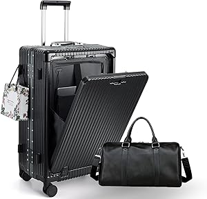 شنطة سفر محمولة 20 انش من بيكاسيو بعجلات دوارة اطار الالومنيوم حمل مع جيوب امامية مفتوحة للابتوب 55 × 25 38 سم كبيرة اسود