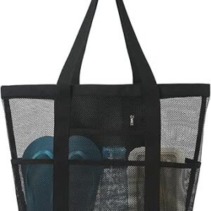 شنطة شاطئ شبكية بسعة كبيرة مع 9 جيوب من توجوما، شنطة شاطئ قابلة للطي للنساء والرجال، شنطة حمام سباحة خفيفة الوزن للسفر والتخييم (اسود)