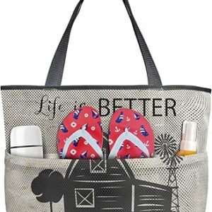 شنطة يد كبيرة توت للشاطئ بتصميم ريترو وود لايف از بيتر من كارتون فارم ويندميل، شنطة شاطئ شبكية مقاومة للماء والرمل والنزهات الخارجية وحمام السباحة - شنطة شاطئ كبيرة بسحاب وجيوب