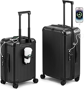 شنطة سفر محمولة 26 انش قابلة للتوسيع وخفيفة الوزن مع عجلات دوارة، شنطة سفر محمولة مع منفذ شحن USB، اقفال معتمدة من ادارة امن المواصلات الامريكية، حامل اكواب، اسود، من رومينغ، بولي كربونات (PC)