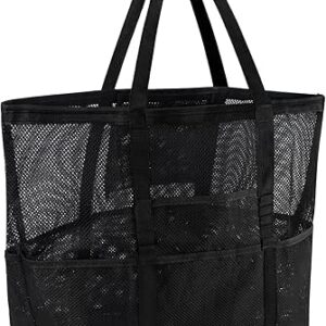 شنطة شاطئ شبكية للنساء، شنطة كبيرة توتس للسباحة قابلة للطي مع جيوب بسحاب ومقاومة للماء والرمال, أسود