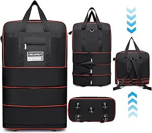 انوان شنطة سفر قابلة للطي للتوسيع مع 5 عجلات من قماش اوكسفورد بسحاب مقاوم للماء دفل متينة للسفر بطاقة امتعة L أسود