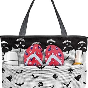شنطة يد كبيرة توت للشاطئ بتصميم خفافيش ويقطين للهالوين، شنطة شاطئ شبكية مرعبة باللونين الاسود والابيض وجمجمة الشبح مقاومة للماء والرمل والنزهات الخارجية وحمام السباحة - شنطة شاطئ كبيرة بسحاب وجيوب