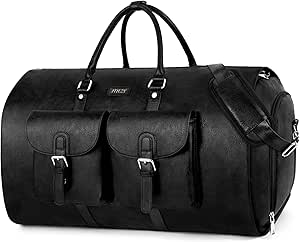 حقيبة ملابس للسفر - حقيبة دفل محمولة قابلة للتحويل اي تي اي اي زي واي للرجال لعطلة نهاية الاسبوع حقيبة 2 في 1 حقيبة بدلات معلقة، جلد، أسود