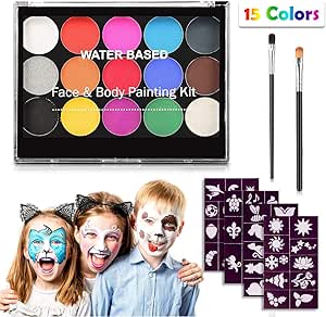 سيوسى مجموعة طلاء وجه للاطفال، مجموعة طلاء وجه احترافية غير سامة مكونة من 15 لون مع فرشتين، مكياج جسم مائي مضاد للحساسية للحفلات التنكرية