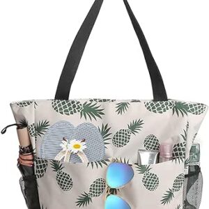 شنطة شاطئ كبيرة جدا بسحاب للنساء من تاهافيس، شنطة توت للشاطئ مقاومة للماء مع جيوب متعددة الوظائف، شنط بقالة قابلة لاعادة الاستخدام للنساء، شنط توت للتسوق