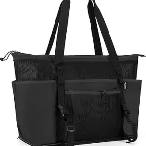 فاسروم شنطة شاطئ شبكية كبيرة مع سحاب، شنطة كبيرة توت للشاطئ العائلي مع فصل رطب وجاف، اسود