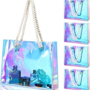 شنط كبيرة توت شفافة مجسمة بالوان قوس قزح من بلاستيك PVC مع مقابض حبل 11.8 × 15 × 4 انش، شنطة يد مقاومة للماء للعمل والشاطئ والغداء والرياضة وحفلات الزفاف واعياد الميلاد، 4 قطع