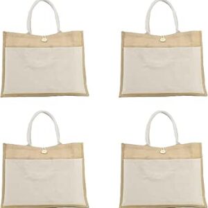 شنطة جوت صديقة للبيئة وقابلة لاعادة الاستخدام مع جيب من جيفت ميت | شنطة من الجوت مع اغلاق | شنطة قابلة للغسل | صديقة للبيئة | شنطة حمل | شنطة للنساء (4 قطع، ابيض)