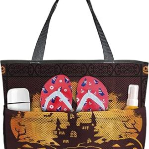 شنطة شاطئ شبكية شبكية بتصميم يقطين سبايدر من هانتد هاوس، شنطة شاطئ شبكية للهالوين مقاومة للرمال والنزهات الخارجية وحمام السباحة - شنطة شاطئ كبيرة بسحاب وجيوب