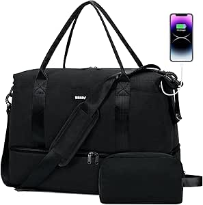 شنطة سفر من القماش الخشن مع منفذ شحن USB، شنطة دفل للسفر تحت المقعد مع جيب رطب وجيب للاحذية وعطلة نهاية الاسبوع للنساء والرجال لون اسود مقاس 18×14×8