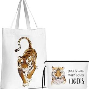 سييرال قطعتان من هدايا محبي النمر تتضمن حقيبة كبيرة توت من القماش بتصميم نمر وحقيبة مكياج لمحبي الحيوانات، هدايا الكريسماس فقط لفتاة تحب النمور هدية للابنة والأخت والأصدقاء