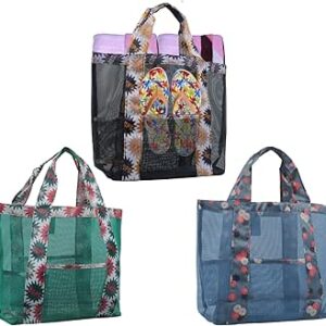 شنط شاطئ شبكية من 3 قطع من يو اكس بي واي اي سي، شنطة كبيرة توت لحمام السباحة مع 4 جيوب، شنطة تسوق قابلة لاعادة الاستخدام للبقالة