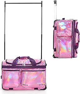 حقيبة رقص 23 انش من فانولي | مجموعة بريزم جلونج | قماش قزحي مقاوم للماء | شنطة دفل مثالية للمنافسة مع رف ملابس | ارجواني ليزر، 23 انش، نمط ليزر