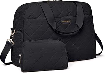 حقيبة سفر من القماش الخشن مع حقيبة عطلة نهاية الأسبوع للنساء مبطنة ليلي حقيبة حمل حقيبة كبيرة لصالة الألعاب الرياضية مع حقيبة أدوات الزينة, 1- أسود