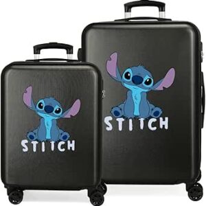 ديزني مجموعة شنط سفر لطيفة من جوما ستيتش بلون اسود مقاس 55/65 سم مصنوعة من بلاستيك ايه بي اس الصلب بقفل جانبي 91 لتر ووزن 6 كجم و4 عجلات مزدوجة لامتعة اليد، اسود/ابيض، مجموعة شنط سفر