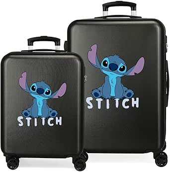 ديزني مجموعة شنط سفر لطيفة من جوما ستيتش بلون اسود مقاس 55/65 سم مصنوعة من بلاستيك ايه بي اس الصلب بقفل جانبي 91 لتر ووزن 6 كجم و4 عجلات مزدوجة لامتعة اليد، اسود/ابيض، مجموعة شنط سفر