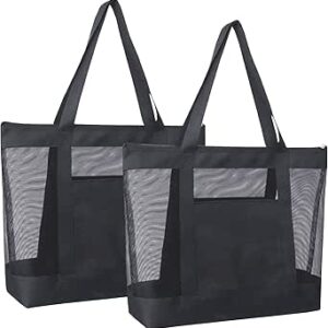 شنطة توت شبكية خفيفة الوزن مقاومة للرمال مع سحاب وجيب مزدوج للبقالة وجانب حمام السباحة والسفر والالعاب والمناشف من قطعتين