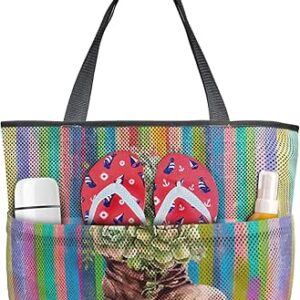 شنطة يد كبيرة توت للشاطئ بتصميم خطوط استوائية ملونة للصيف، شنطة شاطئ شبكية مقاومة للرمال والنزهات الخارجية وحمام السباحة - شنطة شاطئ كبيرة بسحاب وجيوب