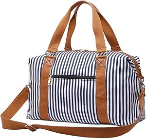 شنطة سفر للنساء من القماش الخشن للسفر مع احزمة كتف (مخطط ازرق)