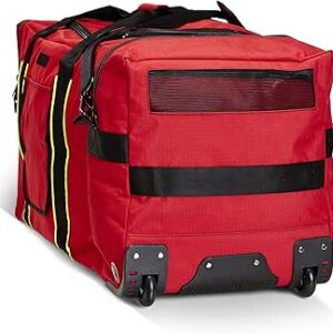 لاين2 ديزاين شنطة معدات رجال الاطفاء بعجلات مع حافة عاكسة وجيب امامي وشعار الصليب المالطي - احمر