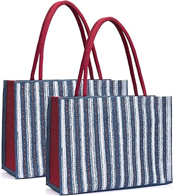 H&B شنطة جوت - شنطة تسوق | شنطة حمل | شنطة بقالة | صديقة للبيئة | شنطة كتف | شنطة يد | شنطة سفر | شنطة قابلة لاعادة الاستخدام - طباعة شريط دينيم (2 حقيبة)