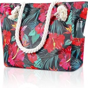 TESALATE Large Canvas Beach Tote Bag Waterproof Sand proof for Women Swim,Travel,Shopping,Gym,Cruise Essentials