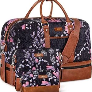 حقيبة عطلة نهاية الاسبوع كبيرة للنساء من القماش الخشن للسفر مع جيب للاحذية 21 انش للنساء والرجال، مجموعة من 3 قطع، C2 - زهرة سوداء، نايلون