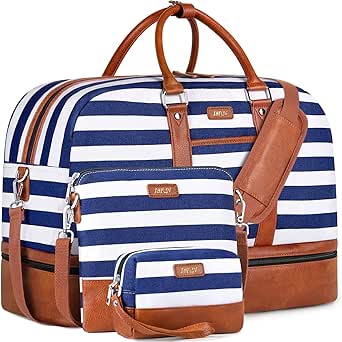 شنط عطلة نهاية الاسبوع للنساء، شنطة كبيرة من القماش الكتاني للسفر مع جيب للحذاء مقاس 21 انش، مجموعة من 3 قطع