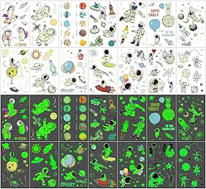 سيوسى تاتو مضيء للاطفال، 14 ورقة ملصقات تاتو مؤقتة مضيئة الفضاء الخارجي وهمية مقاومة للماء للاطفال، تاتو كرتوني مضيء وهمي لمستلزمات الحفلات