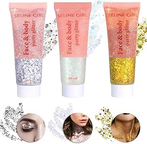 عبوة من 3 قطع جل لامع للجسم من نونكوب، جل سائل مزين بالترتر على شكل حورية البحر، اكسسوارات المهرجانات، جليتر للجسم للشعر والشفاه وظلال عيون الجسم السائل، لمهرجان الهالوين