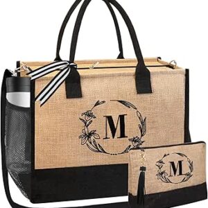 بي جرين حقائب كبيرة توتس شخصية للنساء من قماش الجوت المطرز بالحروف الاولى من الاسم، حقائب هدايا عيد الميلاد
