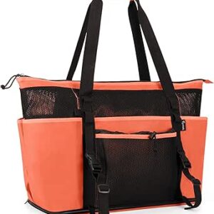 حقيبة شاطئ شبكية كبيرة مع سحاب، حقيبة تسوق للشاطئ العائلي مع فصل رطب وجاف, برتقالي