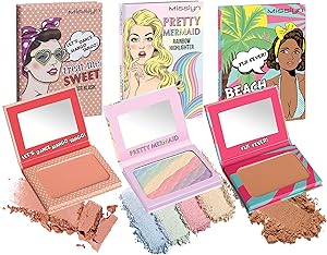 ميسلاين باليت مكياج بلش للنساء مع مرآة، بودرة لزيادة كثافة وترطيب ملامح الوجه - مجموعة من ثلاث باليت