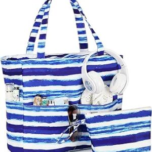 لويدو شنطة كبيرة توت للشاطئ مقاومة للماء والرمل مع سحاب وجيوب مبللة، شنطة كتف للسفر والمعلمين والبقالة