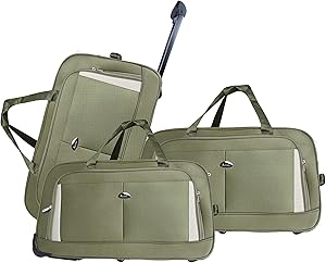 شنطة دفل بعجلتين من ابراج، 3 قطع - شنطة دفل بعجلات بحجم المقصورة، شنطة دفل بعجلات - شنطة يد محمولة لعطلة نهاية الاسبوع والليل - اخضر عسكري، من بارا جون، بوليستر