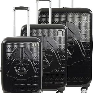 فول مجموعة شنط سفر دارث فيدر بعجلات من ستار وورز، شنطة بهيكل صلب منقوش مع عجلات، مجموعة من 3 قطع، مجموعة شنط سفر دارث فيدر بعجلات من ستار وورز، أسود