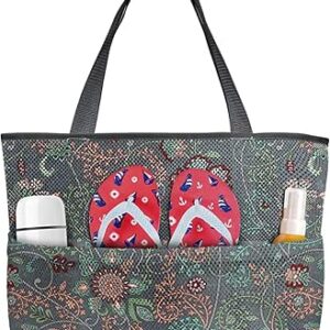 شنطة يد كبيرة توت للشاطئ بنمط زهور فوجيمان مع اوراق خضراء للنساء، شنطة شاطئ شبكية مقاومة للماء والرمل للنزهات في الهواء الطلق وحمام السباحة - شنطة شاطئ كبيرة بسحاب وجيوب