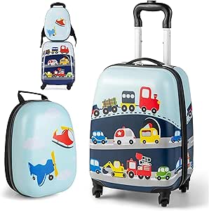 مجموعة حقائب سفر سهلة الحمل للأطفال من اميرولين ، حقيبة بهيكل صلب مع ظهر دوارة صلبة بعجلات أمتعة وحقيبة الأولاد والصغار - ازرق