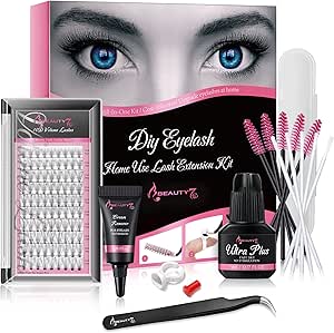 طقم وصلات رموش احترافية ذاتية الاستخدام من رموش فردية 10D لزيادة الكثافة قابلة لاعادة التعبئة وكريم مزيل وغراء لاصق الترا بلس وملقاط منحني وحلقة غراء وفرشاة سبولي للمنزل مناسب كهدية من بيوتي 7