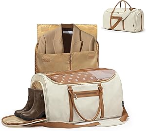 زدنغتو حقيبة ملابس قابلة للتحويل للسفر، حقيبة دفل للملابس مع حقيبة شبكية منظمة، حقيبة بدلات قابلة للطي 2 في 1، حقيبة بدلات معلقة 2 في 1 شديدة التحمل، حقيبة كبيرة من الجلد النباتي لعطلة نهاية الأسبوع،