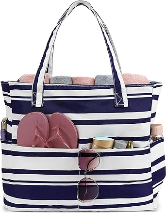 LEDAOU Beach Bag Waterproof Sandproof Women Tote Bag Pool Bag with Zipper for Gym Grocery Travel with Wet Pocket