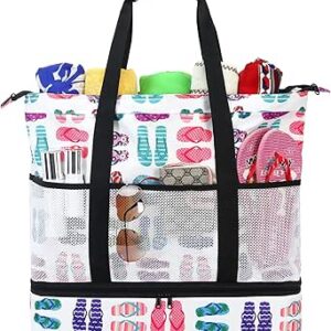 حقيبة الشاطئ مع حقيبة تبريد بسحاب حقيبة حمام المرأة للماء مقاومة للرمال شاطئ حمل حقائب كبيرة للشاطئ, L