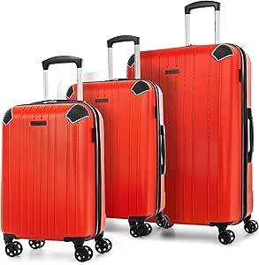 سويس موبيليتي مجموعة شنط سفر بهيكل صلب من بي في جي كوليكشن مكونة من 3 قطع، شنط سفر قابلة للتوسيع مع عجلات دوارة 360 درجة، مقبض قابل للسحب، 20 انش، مقاس متوسط 24 انش، شنط كبيرة 28 انش، احمر