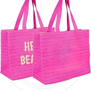 حقائب الشاطئ للنساء. حقيبة توت للشاطئ من القش. مستلزمات عطلة الشاطئ. حقيبة شاطئ قابلة للتعبئة. من هالو بيتشز، زهري مع تطريز أبيض، مقاس L